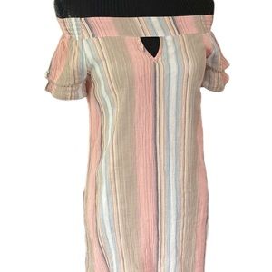 linen off shoulder mini dress in pin stripes